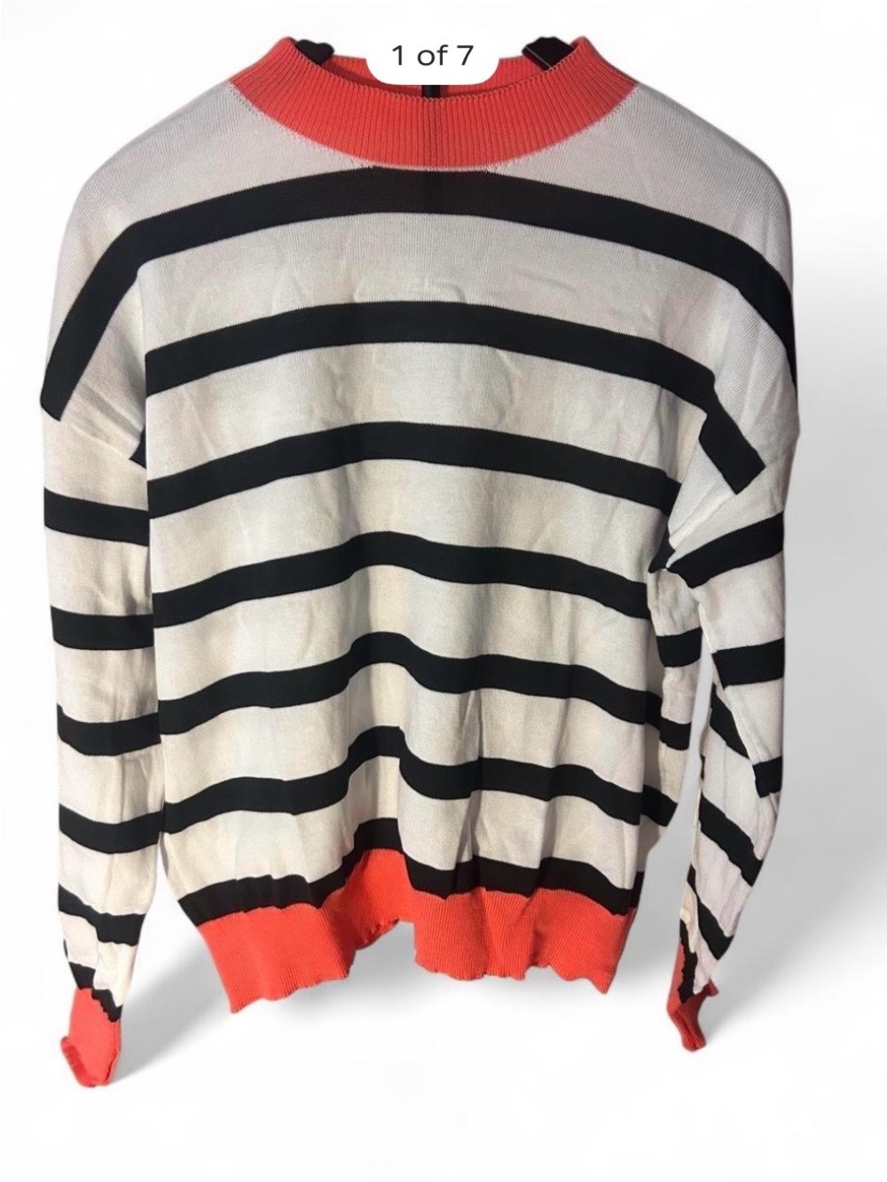 Striped Crewneck Sweater in Black and White with Coral Trim